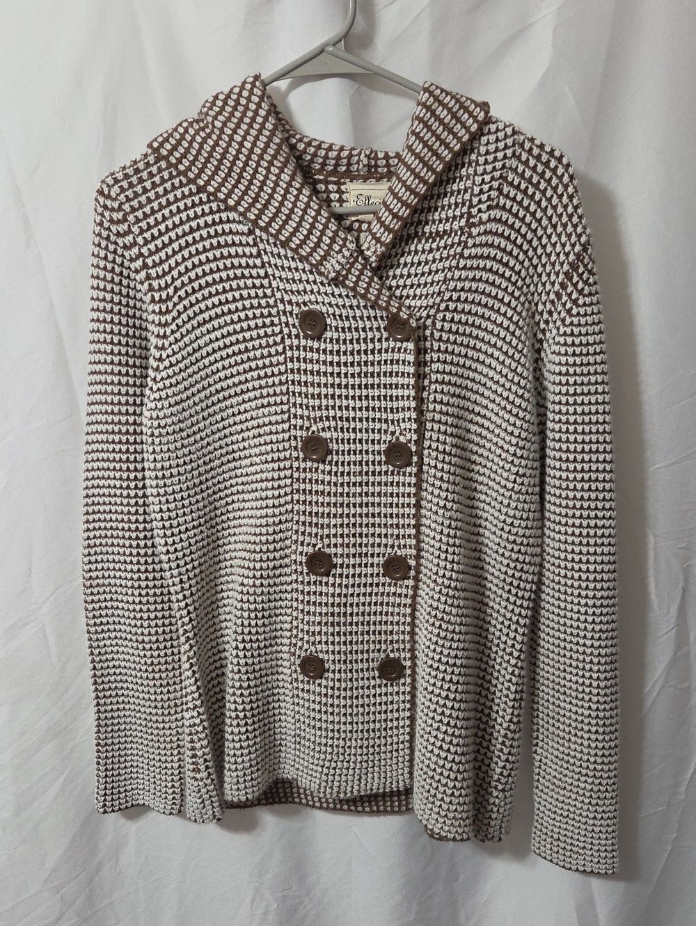 Open-Knit Double Breasted Hooded Cardigan Sweater in Brown & Cream, XL, Like New